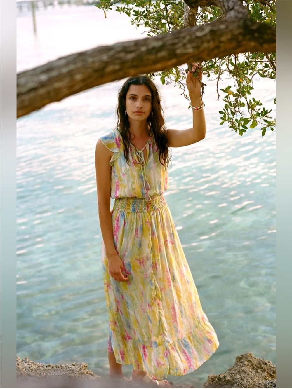 Anthropologie Pastel Watercolor Tie-Front Dress - Yellow, Pink, Blue